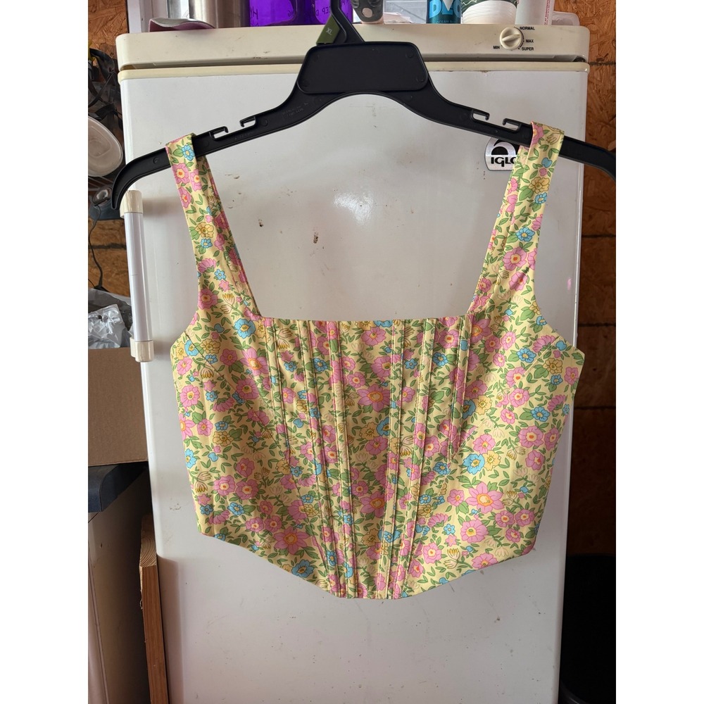 Yellow Floral Corset Crop Top Sexy Y2K Western Zipper Front Small